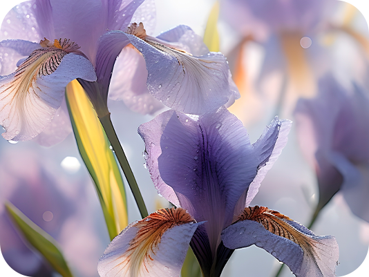 Purple iris flowers with morning dew, floral heart note
