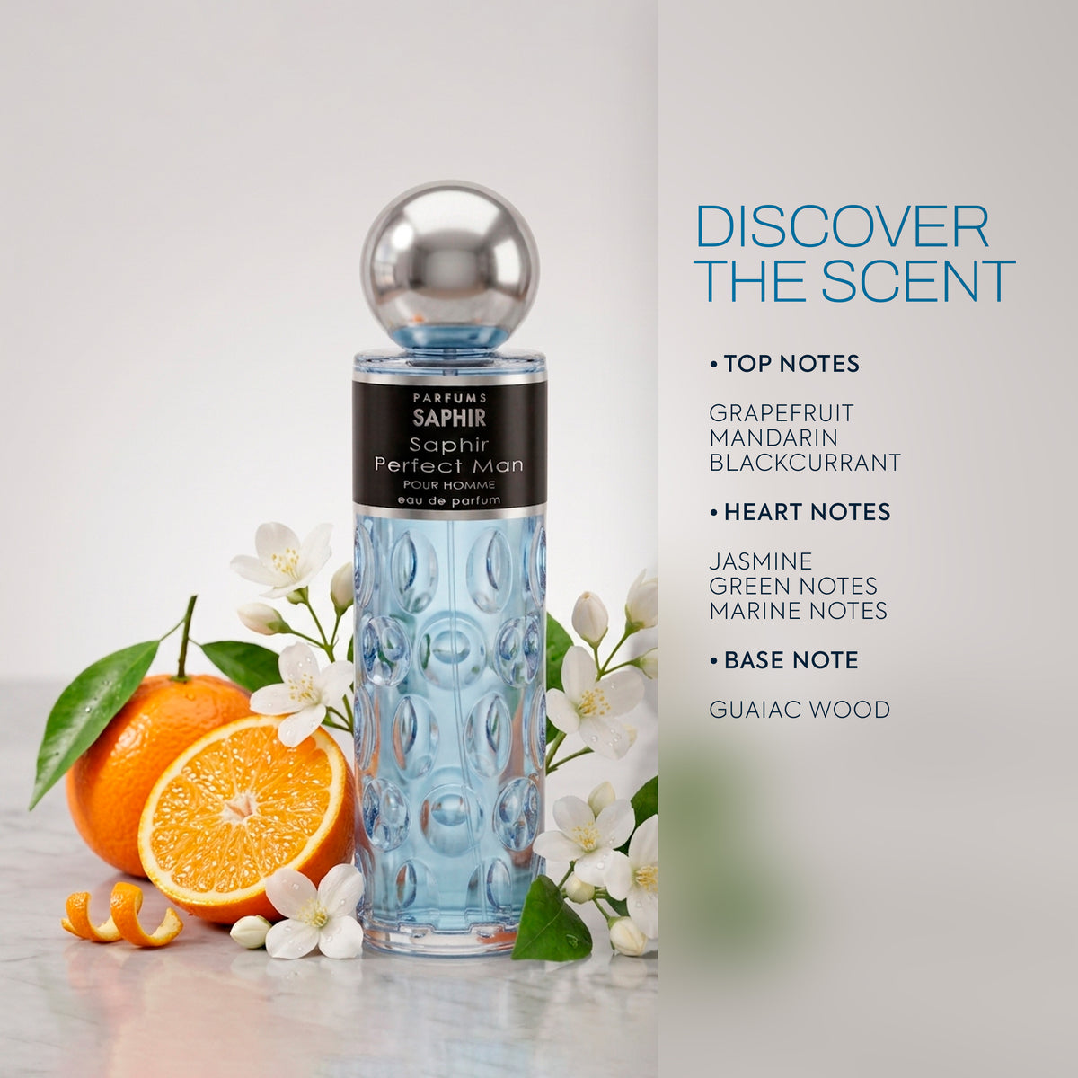 Saphir Perfect Man fragrance notes: grapefruit, mandarin, blackcurrant, jasmine, green and marine notes, guaiac wood
