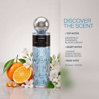 Saphir Perfect Man fragrance notes: grapefruit, mandarin, blackcurrant, jasmine, green and marine notes, guaiac wood