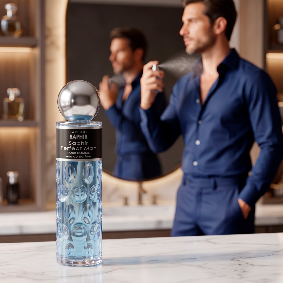 Man spraying Saphir Perfect Man cologne, fresh aquatic fragrance for men
