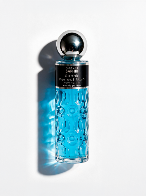 Saphir Perfect Man eau de parfum for men, blue bottle on white background