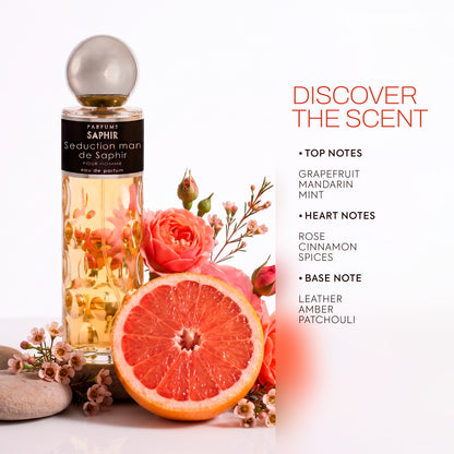 Seduction Man de Saphir fragrance notes: grapefruit, mandarin, mint, rose, cinnamon, leather, amber and patchouli