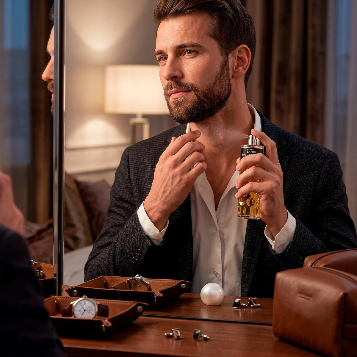 Man applying Seduction Man de Saphir cologne while getting dressed, warm spicy fragrance