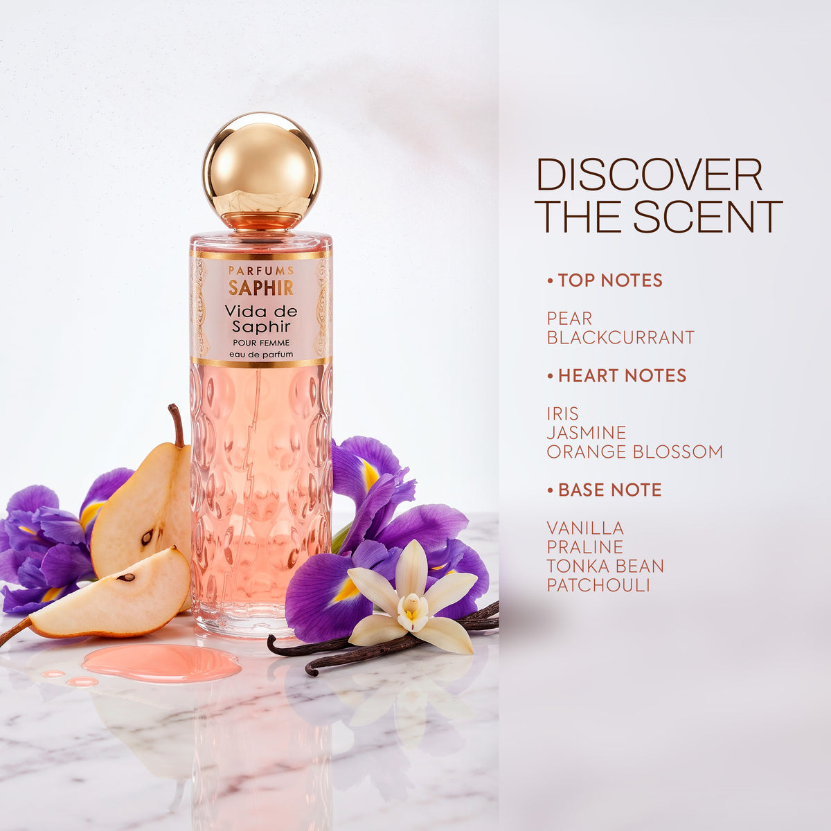 Vida de Saphir fragrance notes: pear, blackcurrant, iris, jasmine, orange blossom, vanilla, praline, tonka bean and patchouli