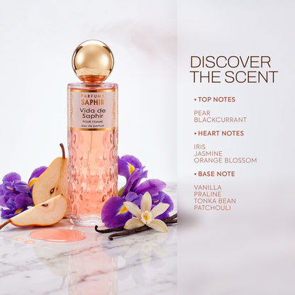 Vida de Saphir fragrance notes: pear, blackcurrant, iris, jasmine, orange blossom, vanilla, praline, tonka bean and patchouli