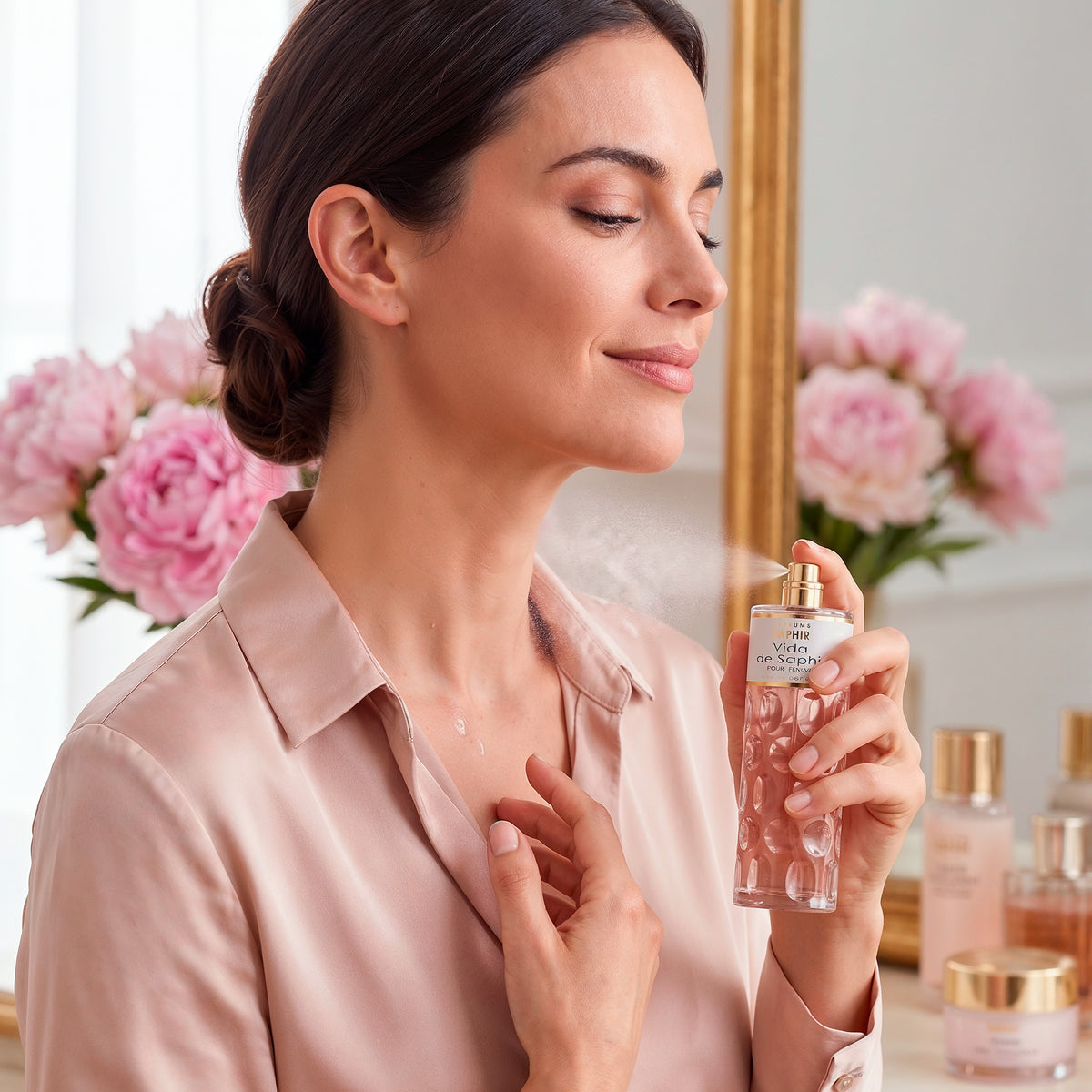 Woman applying Vida de Saphir eau de parfum to her neck, pink floral fragrance for women